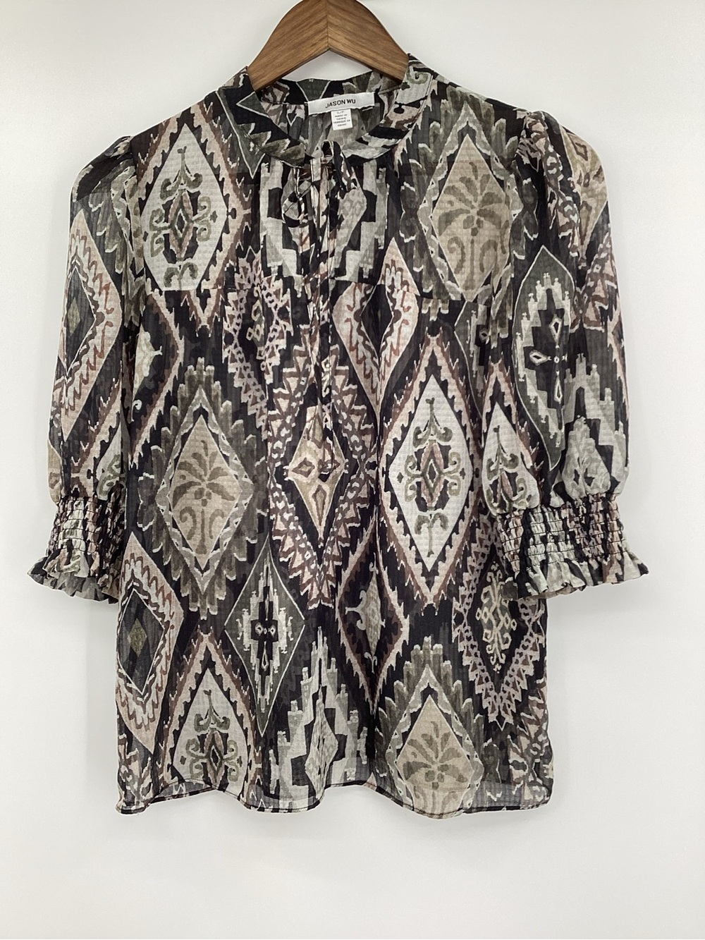 Jason Wu Black Taupe & Cream Geometric Tie-Neck Blouse